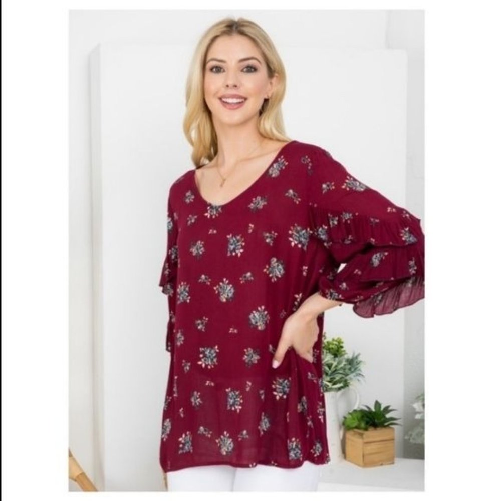 🧡6/$25🧡BURGUNDY FLORAL TOP W/SCOOP NECK-NEW - Picture 4 of 6